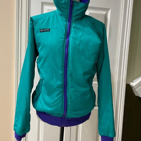ICONIC 80’s RETRO BOMBER JACKET COLUMBIA REVERSIBLE DISCO PURPLE/TEAL Sz S - Picture 7 of 16